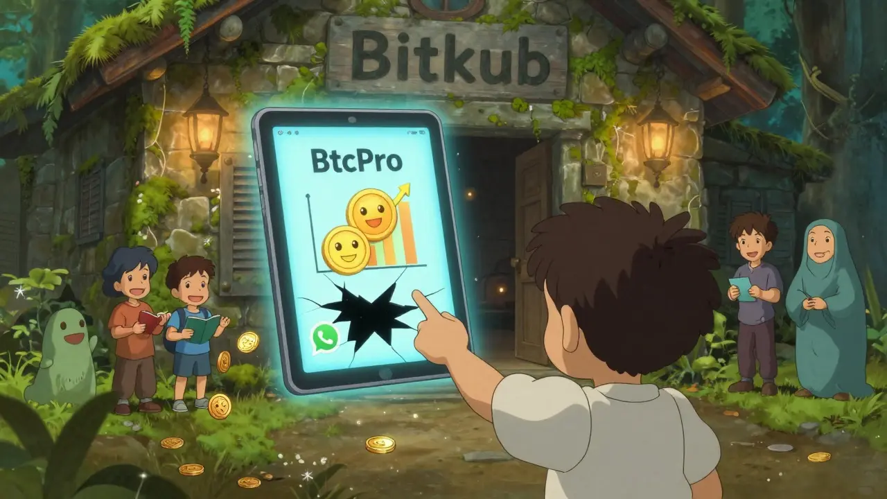 A child reaching for a fake crypto app that cracks to reveal emptiness, while a real exchange stands warmly behind.