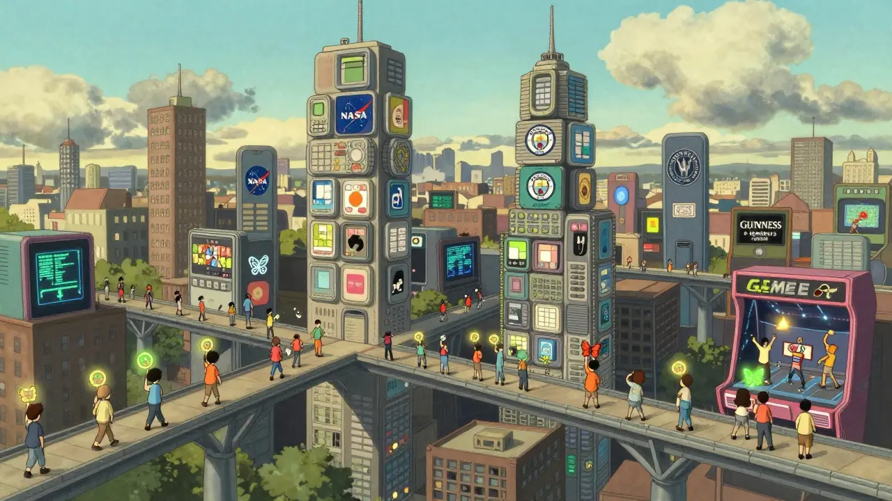 A city of phones and apps with people walking on code bridges, earning tokens while watching ads that turn into butterflies.