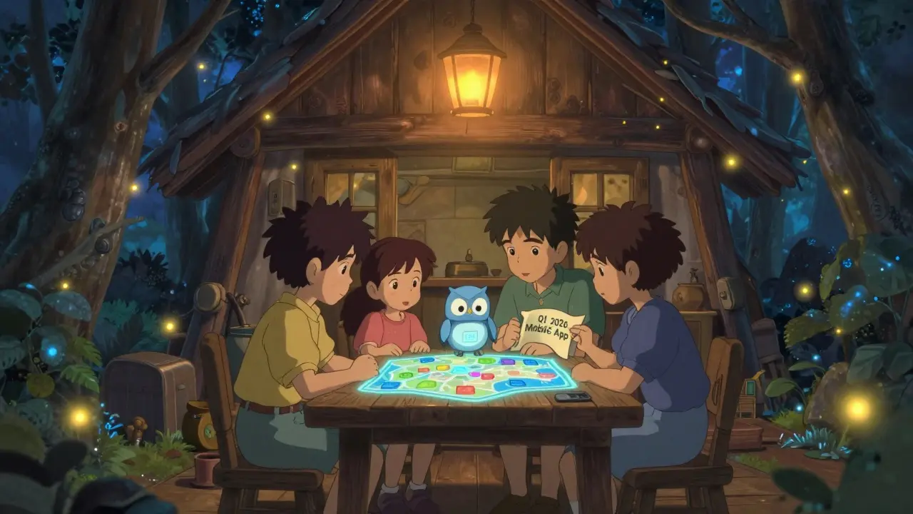 A cozy digital cabin with animated avatars studying a holographic blockchain map, lit by warm lanterns and floating KERNEL tokens.