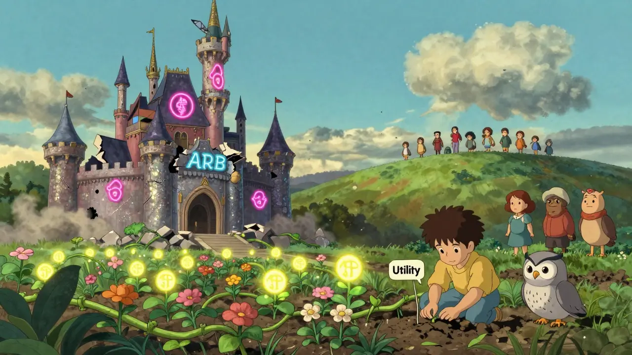 A crumbling NFT castle falls as a community tends to a garden of growing crypto tokens.