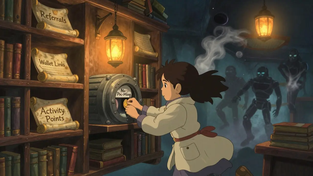 A floating digital library glows with activity points as fake bot figures vanish into smoke.