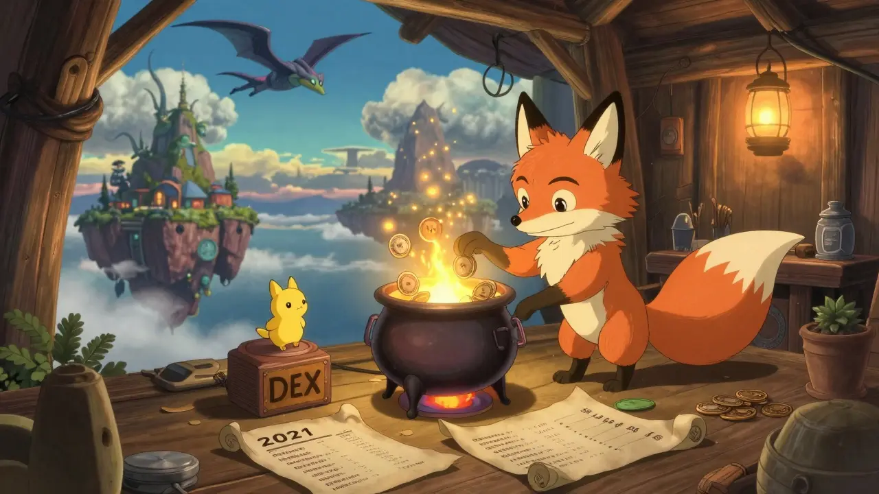 A fox spirit staking LP tokens in a warm, lantern-lit DEX cabin.