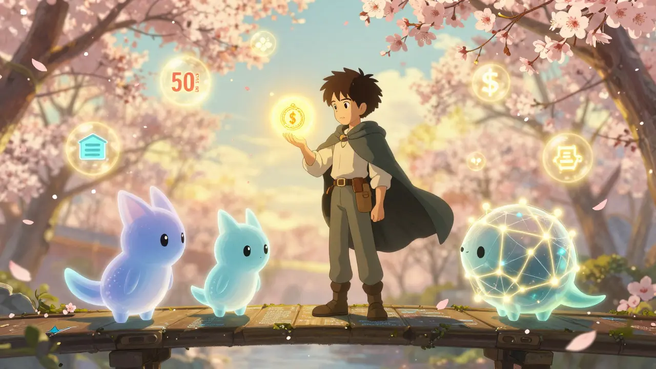 A person holding a glowing KERNEL token as three spirit-like protocol entities bow around them in a dreamy DeFi landscape.