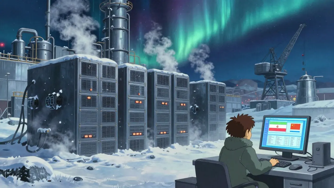 A remote Bitcoin mining facility under the Northern Lights, processing international transactions with quiet efficiency.