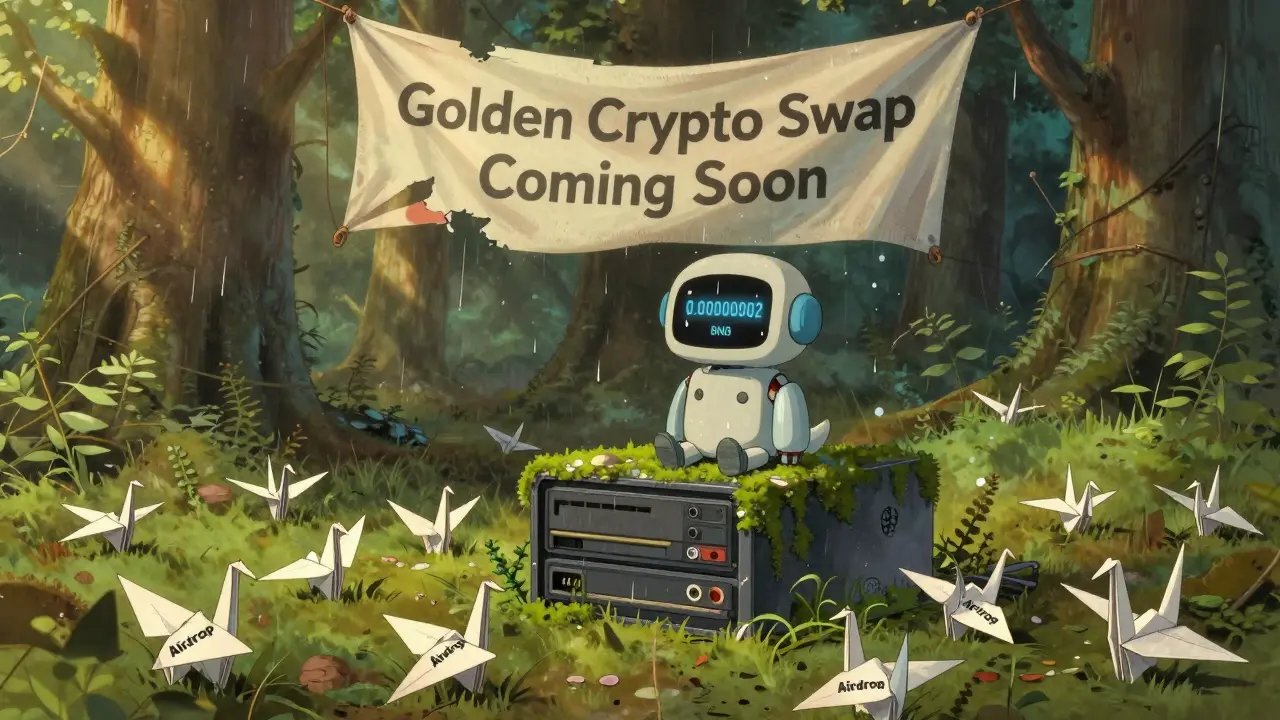 A robot dog sits beside a decaying blockchain server, surrounded by paper cranes and rain, in Studio Ghibli art style.