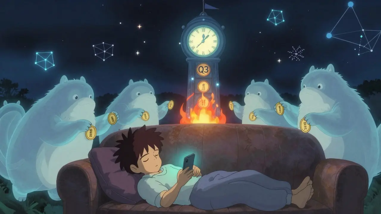 A sleeping player surrounded by glowing NFT beasts carrying tokens toward a clocktower symbolizing future staking rewards.