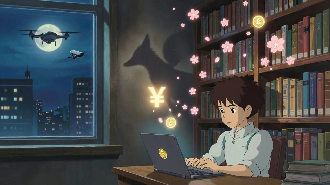 A teen closing a laptop as a fox spirit leaves digital yuan blossoms on bookshelves at night.