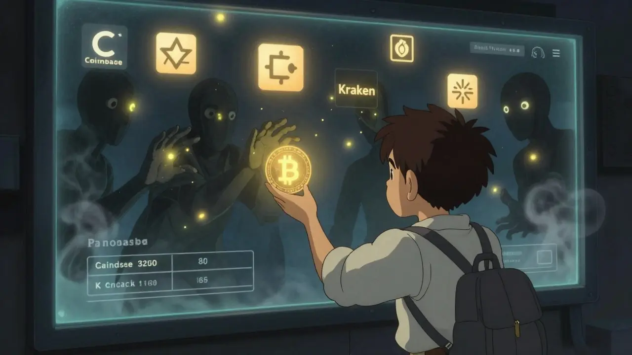 A trader reaches for a fake crypto balance as shadowy figures steal private keys through the screen, in Studio Ghibli style.