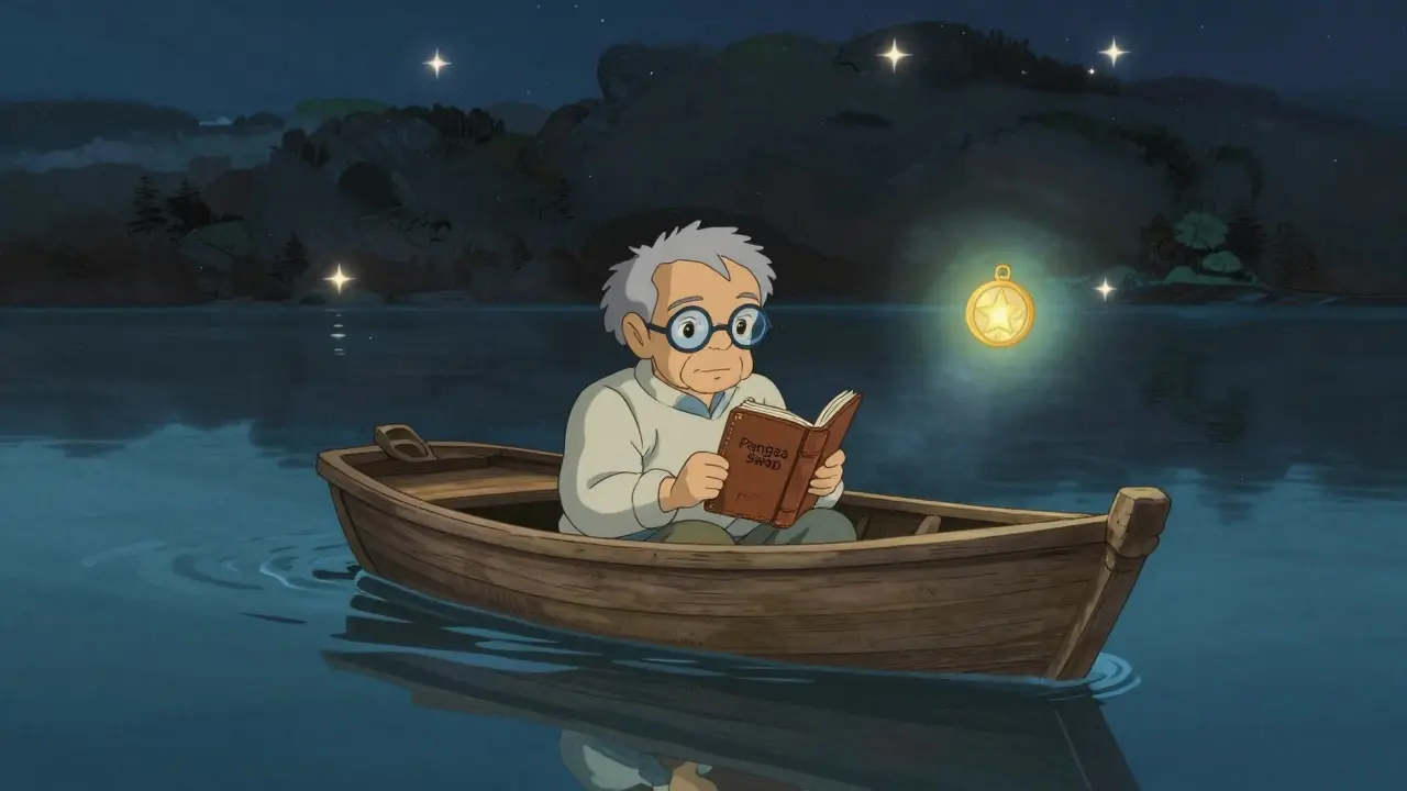 A wooden boat on a still lake reflecting blockchain stars, an engineer closing a ledger as a fading token hovers above the water.