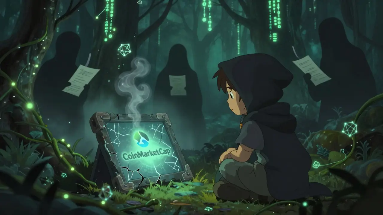 A young adventurer examines a fading CoinMarketCap tablet in a mystical forest of glowing code vines and dissolving fake airdrop scrolls.