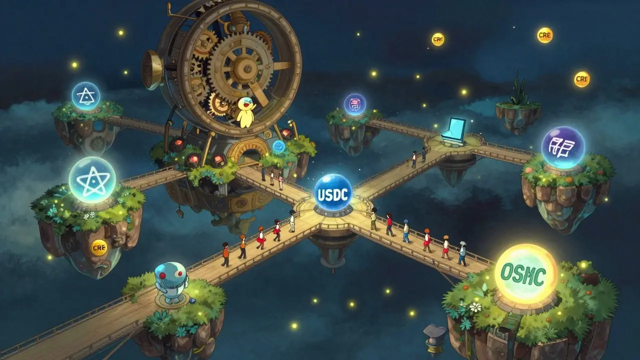 Aerial view of interconnected floating islands with glowing bridges, representing a decentralized crypto ecosystem under a starry sky.