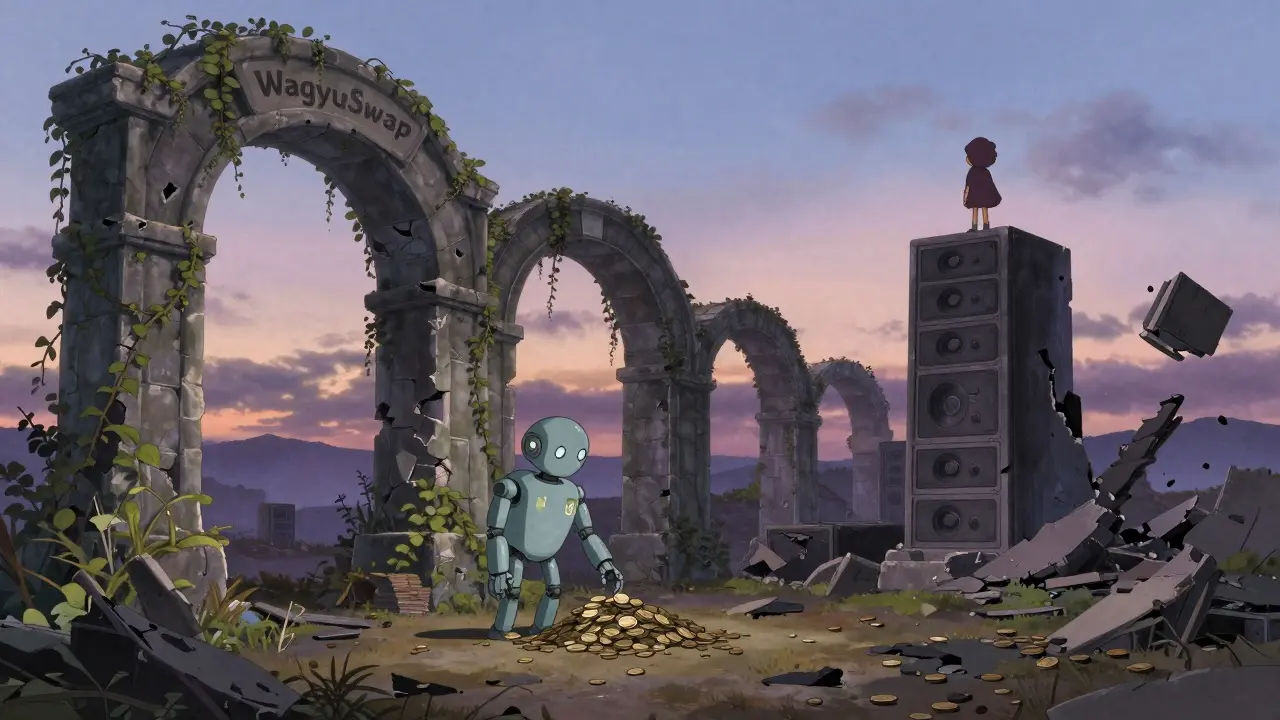 An abandoned WagyuSwap arch overgrown with vines, a robot sweeping coins at dawn.