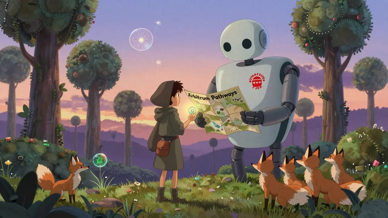 An adventurer receives a map of Arbitrum pathways from a friendly robot, surrounded by code foxes in a digital forest.