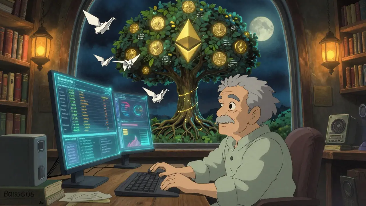 An elderly analyst in a tower surrounded by holographic crypto metrics and paper cranes carrying transaction data.