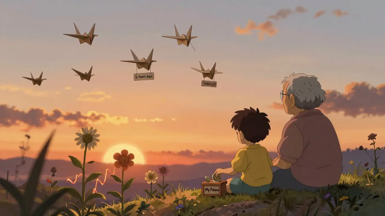 An elderly person and child watch paper crane coins fly at sunset, tending a garden of price-chart flowers.
