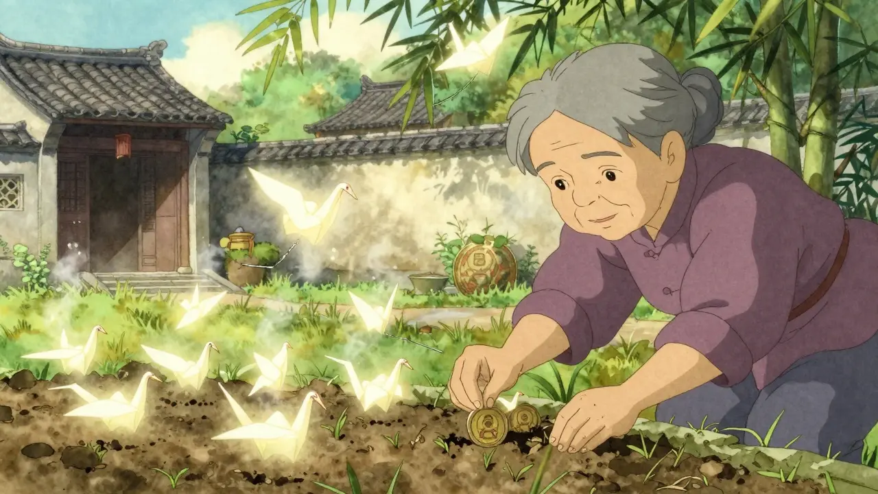 An elderly woman planting rice with digital yuan coins, as crypto logos dissolve into paper cranes.