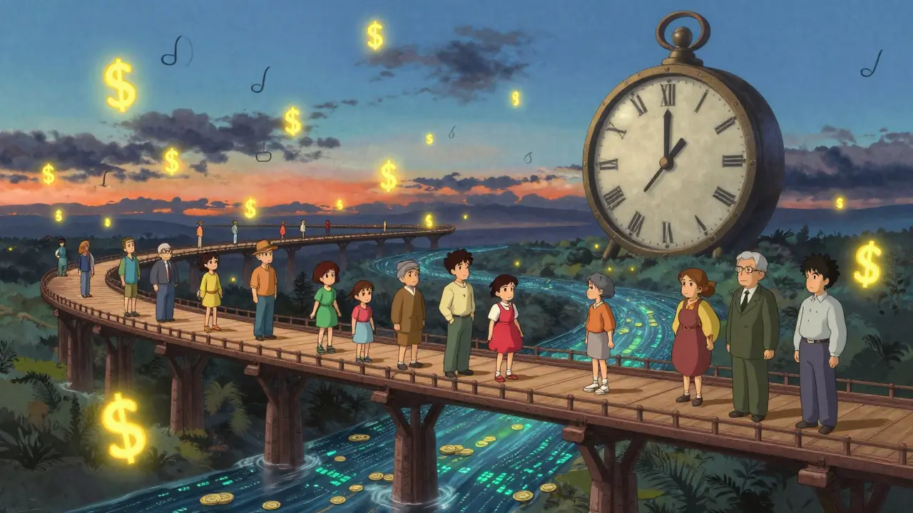 Diverse traders walk a bridge of option contracts across a sky filled with floating financial symbols, as fireflies glow around them at dawn.