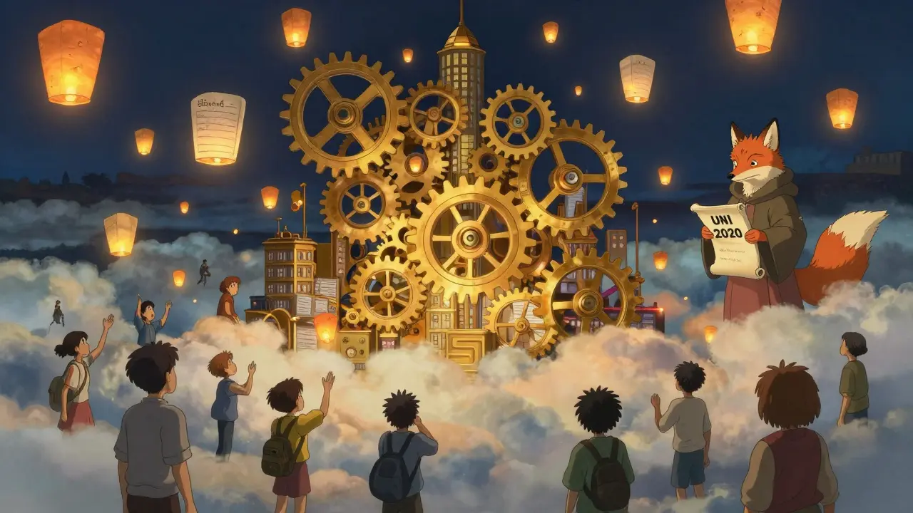 Golden lanterns drift down to people in a floating digital city, symbolizing Uniswap's token airdrop.