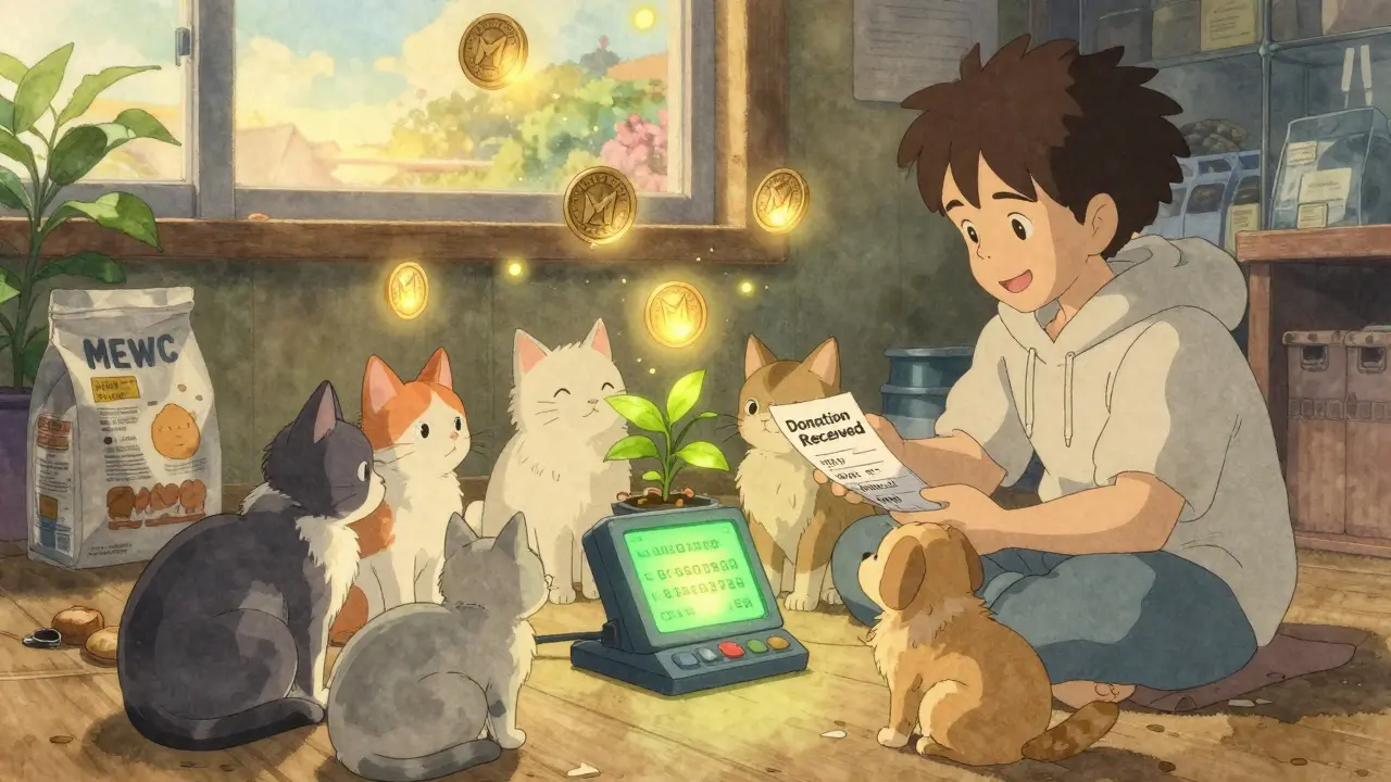 Rescued cats and dogs near a glowing blockchain terminal, with floating MEWC coins like fireflies.