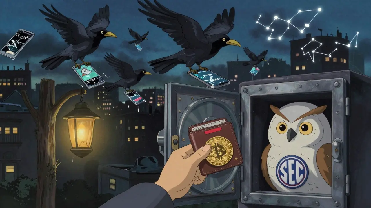 Storm of scam crows over a city, while a wise owl guards a secure vault with verified exchange logos in the sky.