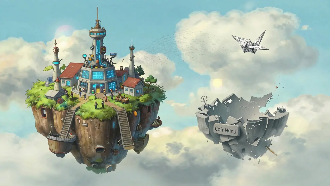 Two floating islands: one alive with technology, the other silent and crumbling—CoinWind vs CoW Protocol.