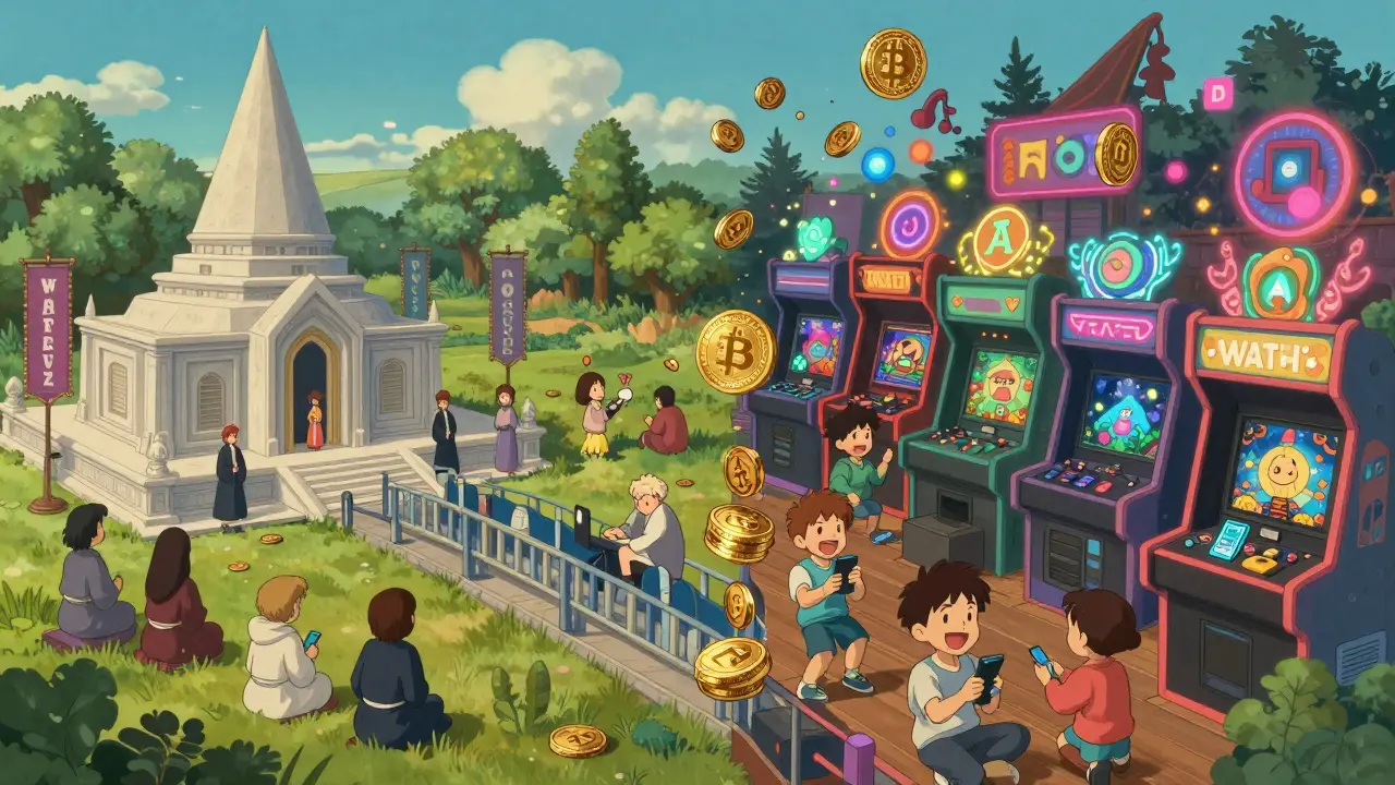 Two parallel worlds connected by coins—elegant Ethereum temple and lively mobile arcade.