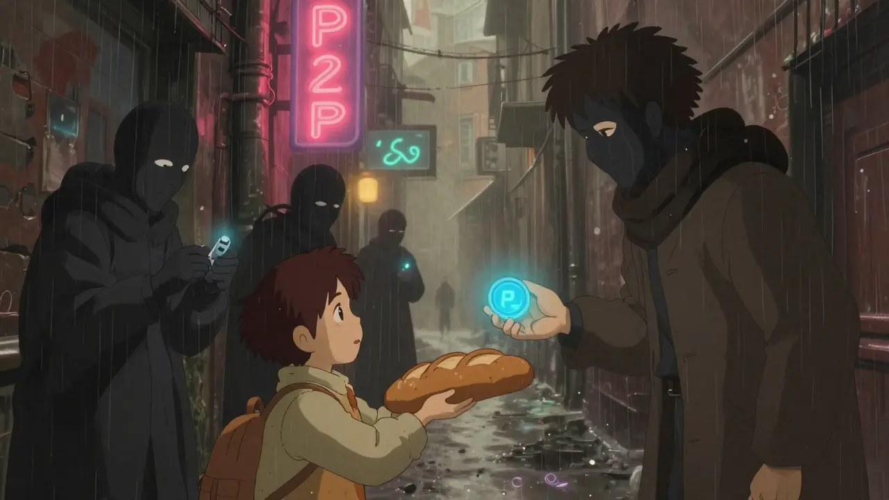 Underground crypto traders exchange digital tokens in a rainy Moscow alley, evading official restrictions.