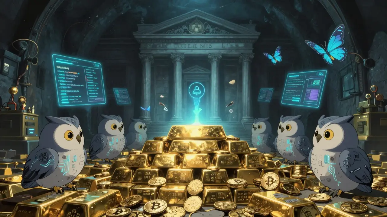 Underground vault with Bitcoin bars guarded by mechanical owl spirits in bioluminescent light.