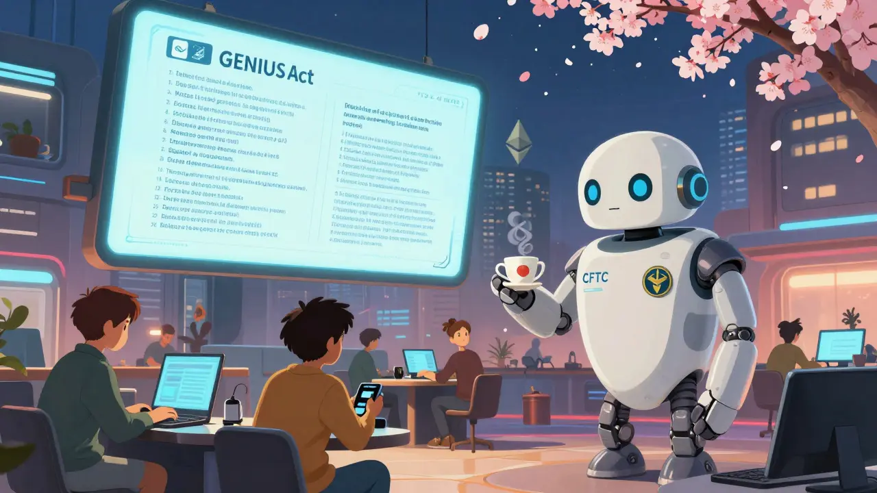 Young innovators testing blockchain tech under floating legal scrolls in a futuristic startup hub.