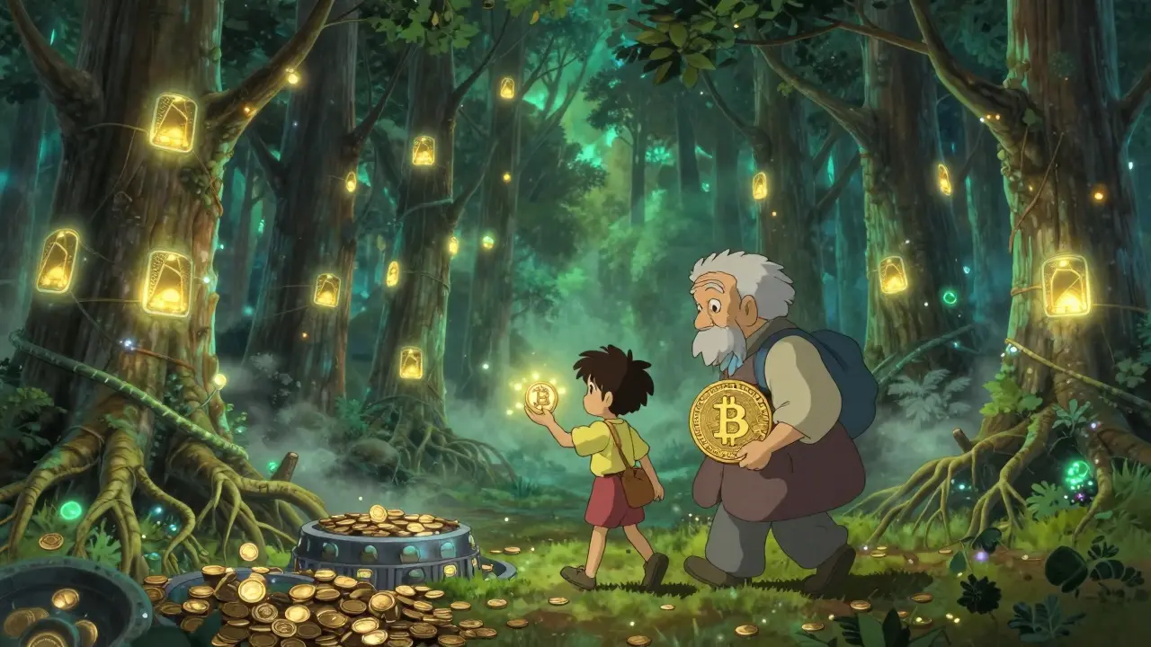 A child and elder walk through a forest of blockchain trees, one holding a flickering meme coin, the other a steady Bitcoin token.