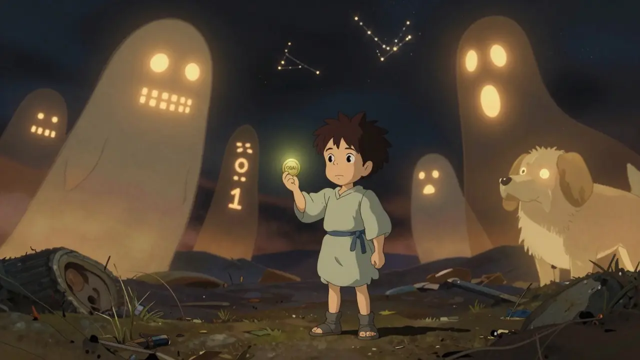 A child holds a fading FOMO token as other Solana coins glow warmly in the distance.