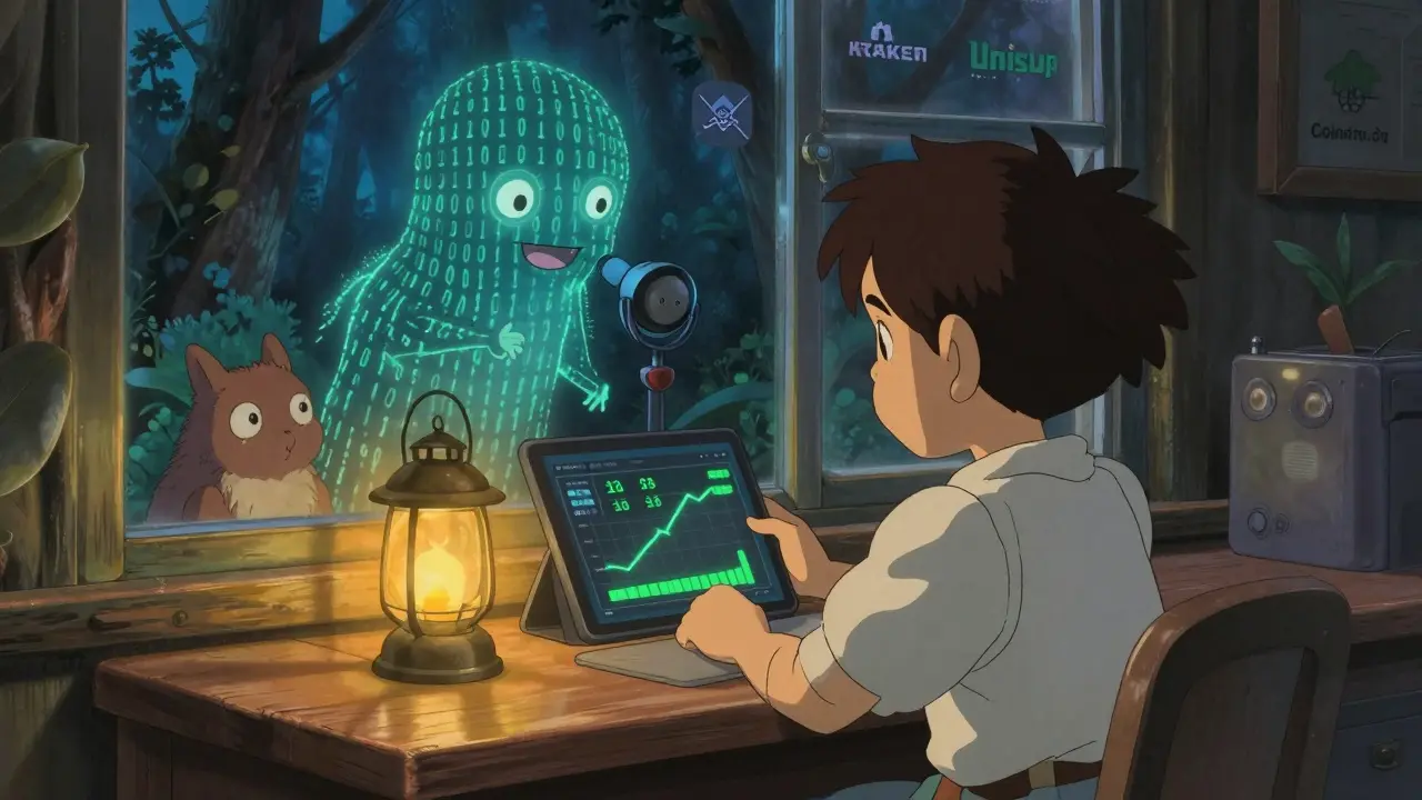 A child stares at a fake crypto dashboard as a binary spirit whispers, while trusted exchange logos watch safely from outside.