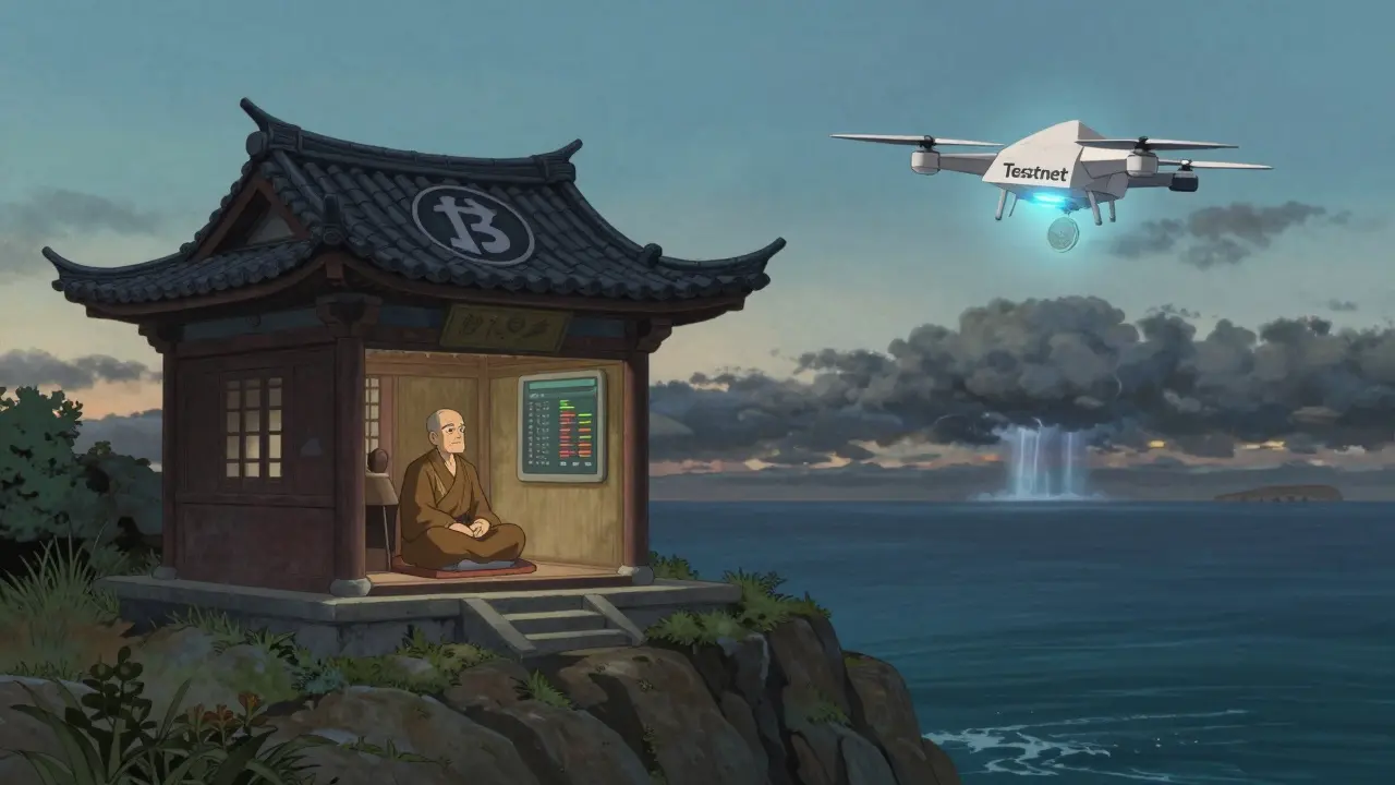 A coastal temple with crypto tiles and paper drones flying toward a storm, one glowing with testnet light, in Studio Ghibli style.