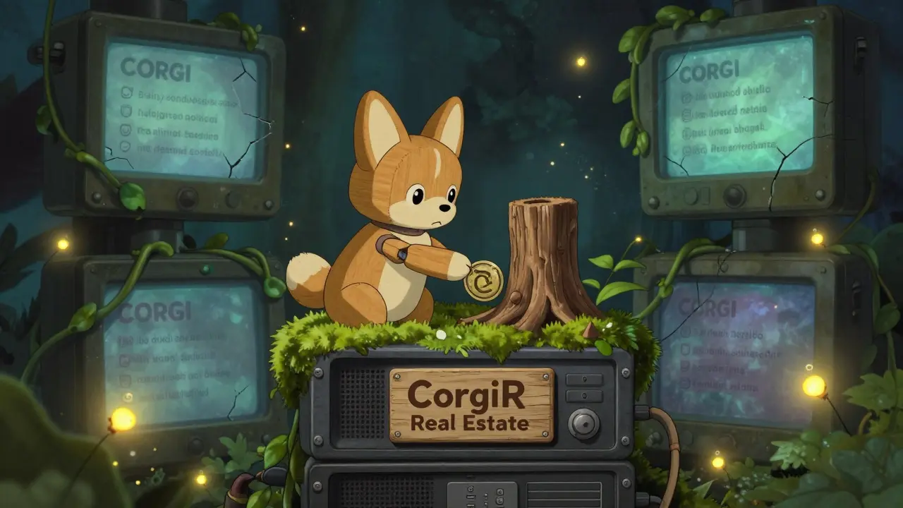 A corgi-eared robot places a token into a tree filled with broken crypto websites, surrounded by glowing wallet fireflies at twilight.