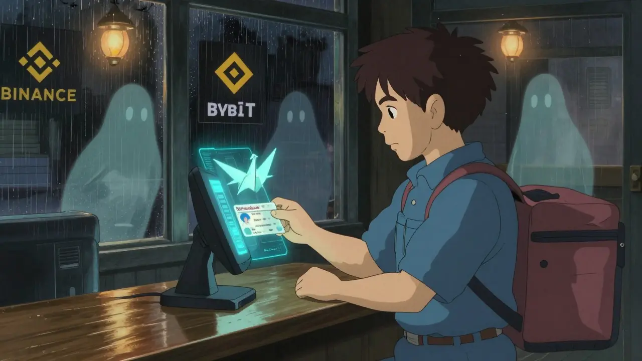 A delivery driver verifying identity with a glowing ID card as digital exchange logos appear as paper cranes in the background.