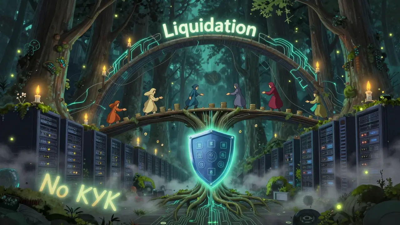 A digital forest of blockchain trees with traders transferring coins, protected by a glowing shield, in Studio Ghibli style.