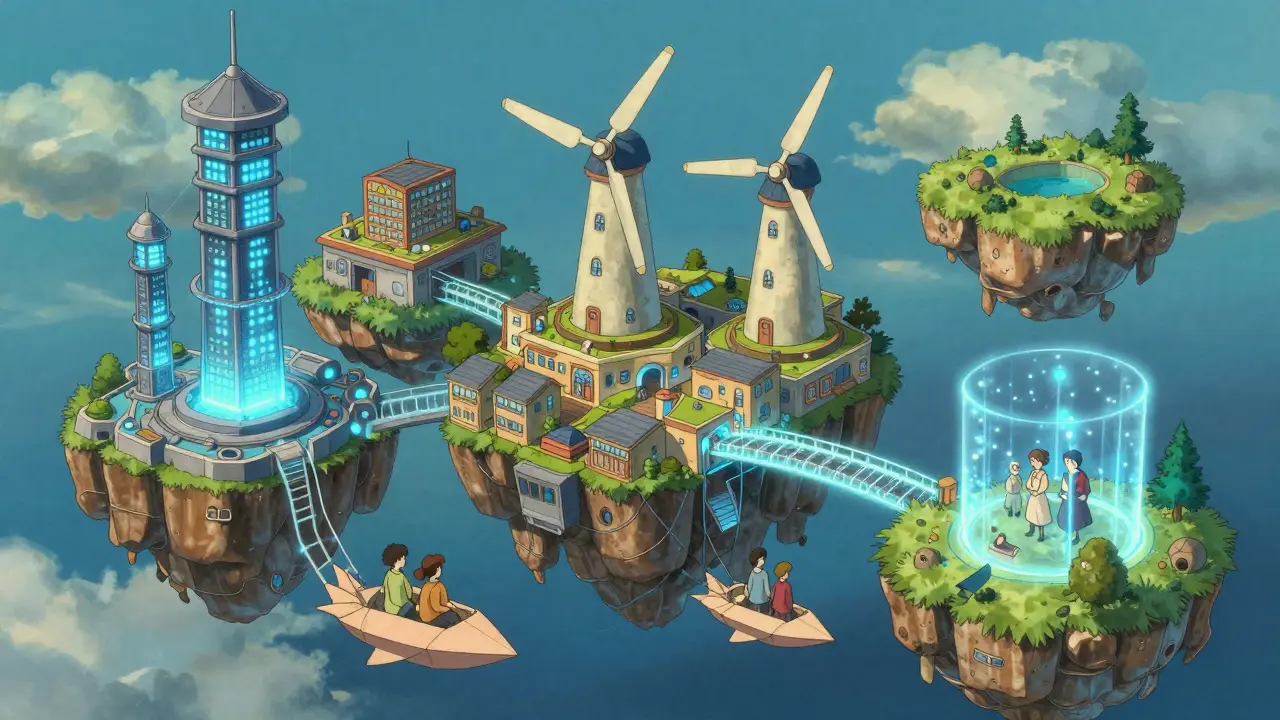 A floating city with specialized blockchain districts connected by glowing bridges, symbolizing modular design.