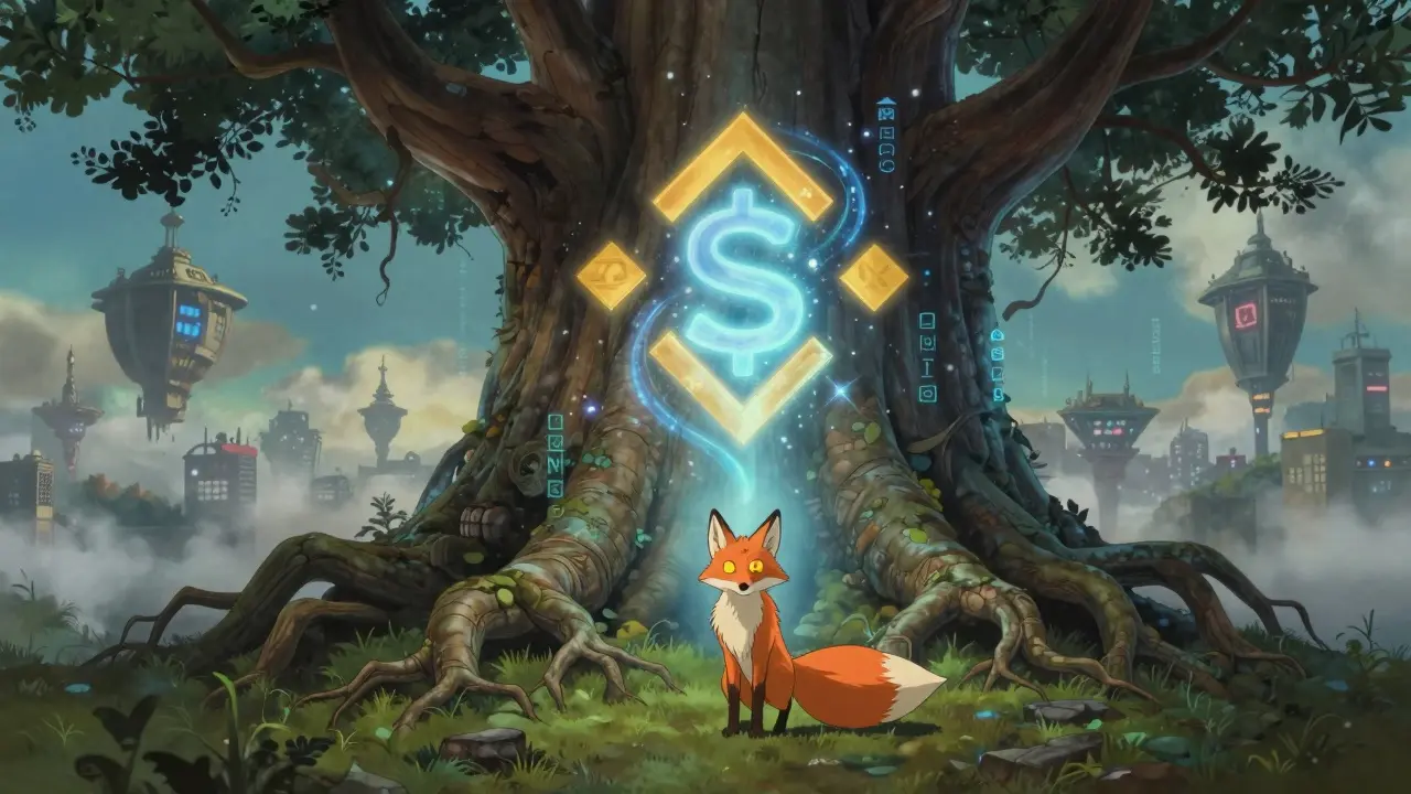 A fox beside a tree shaped like BSC, with invisible SBF tokens made of starlight.