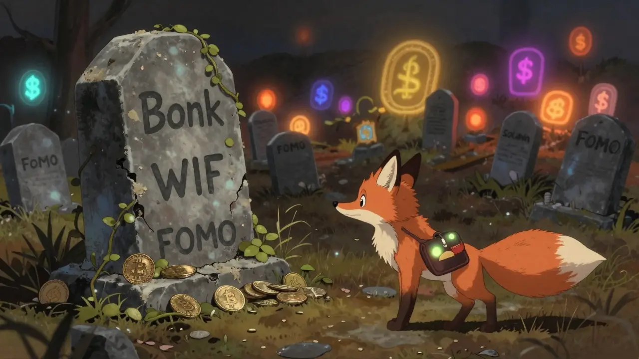 A fox spirit pausing before a dusty tombstone marked 'FOMO' in a graveyard of crypto coins.
