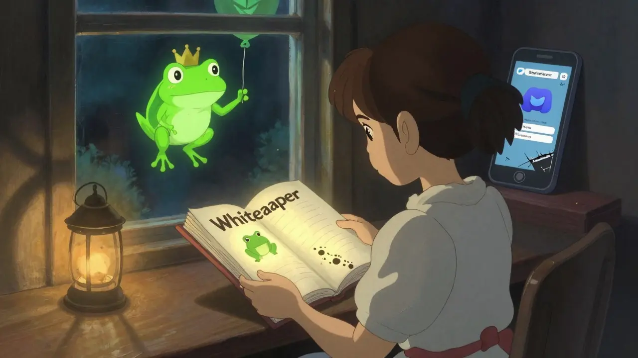 A girl opens a blank whitepaper as a frog-shaped balloon floats away, symbols of crypto fading into silence.