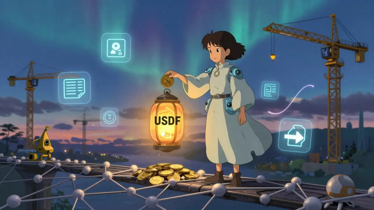 A girl placing a USDF coin into a lantern that transforms into asUSDF on a blockchain bridge at twilight.