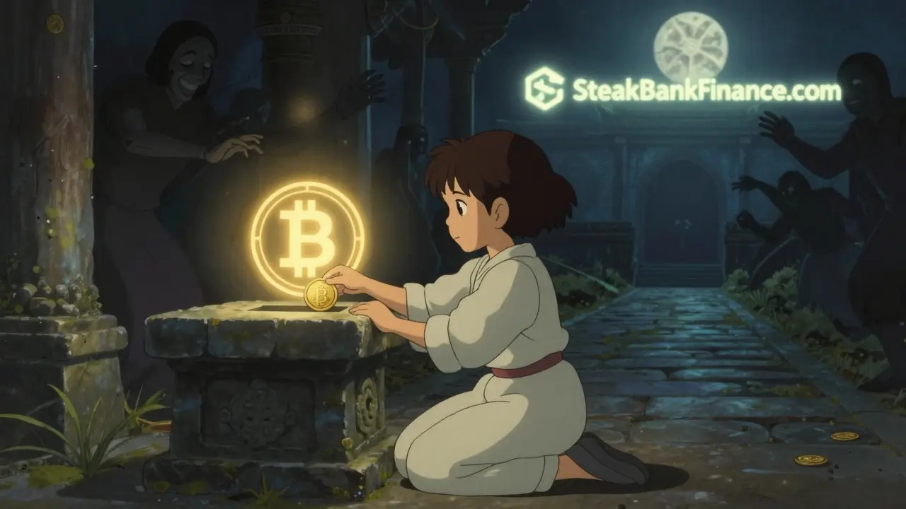 A girl placing BNB into a stone altar as golden light forms a token symbol in moonlight.