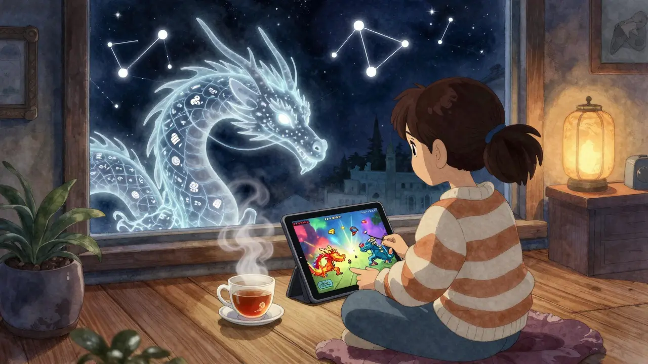 A girl playing Dragonary on a tablet as a mystical dragon spirit emerges from the screen.