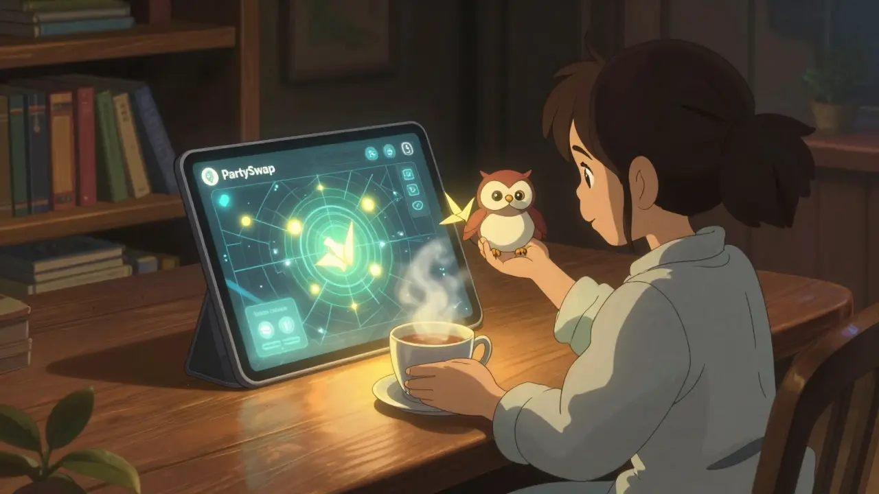 A girl using the PartySwap app on a tablet at night, with a glowing owl assistant and warm ambient light in a cozy room.