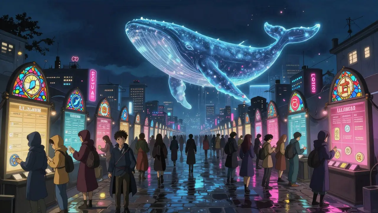 A glowing nighttime exchange city with on-chain order books as stained glass, traders in cloaks, and a looming market crash.