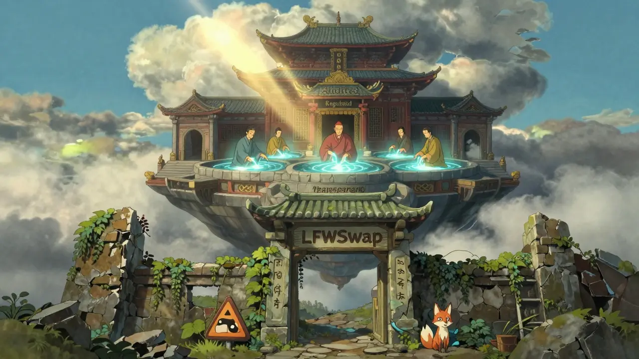 A glowing temple of transparency floats above ruins of LFWSwap, buried under vines and silence.