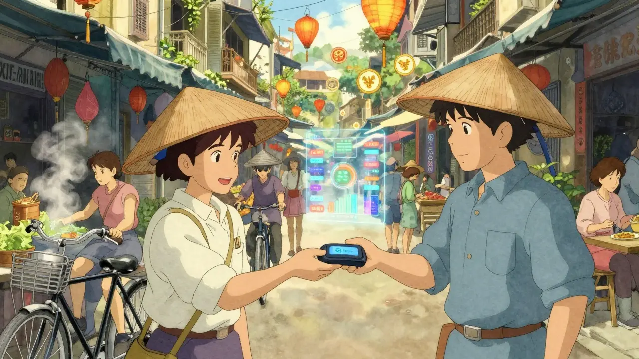 A Hanoi street market with holographic crypto charts drifting like paper lanterns above a vendor using MoMo e-wallet.