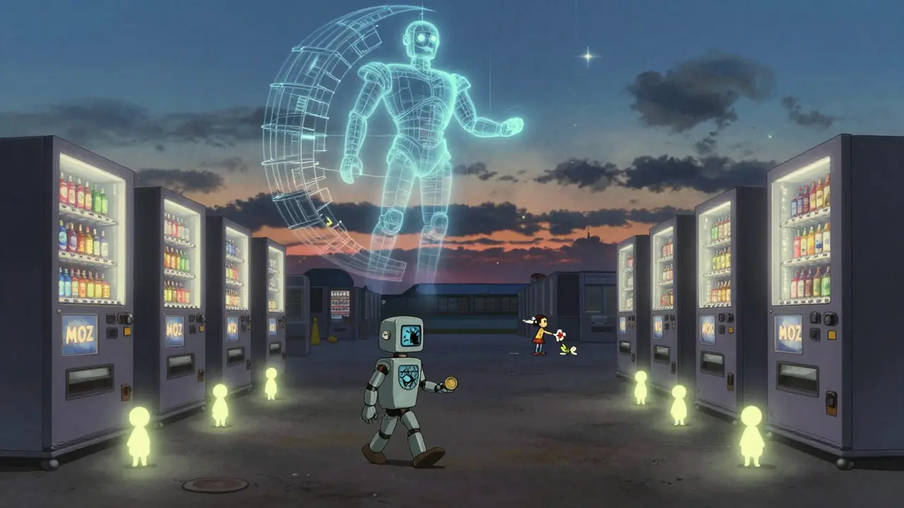 A lone robot walks through an empty marketplace with a single MOZ coin, beneath a fading Hercules Vault hologram.