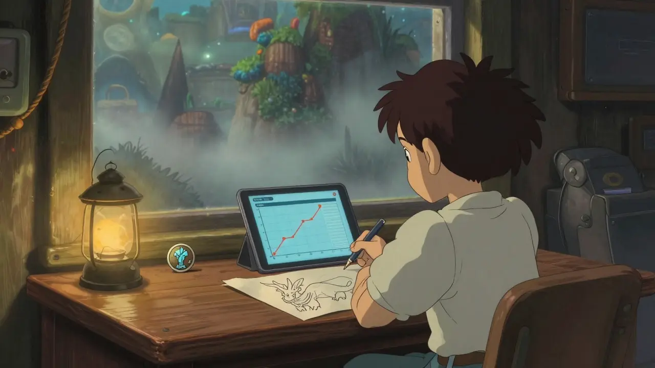 A lonely player stares at a fading game graph, a dim SHARDS token glowing on their desk.