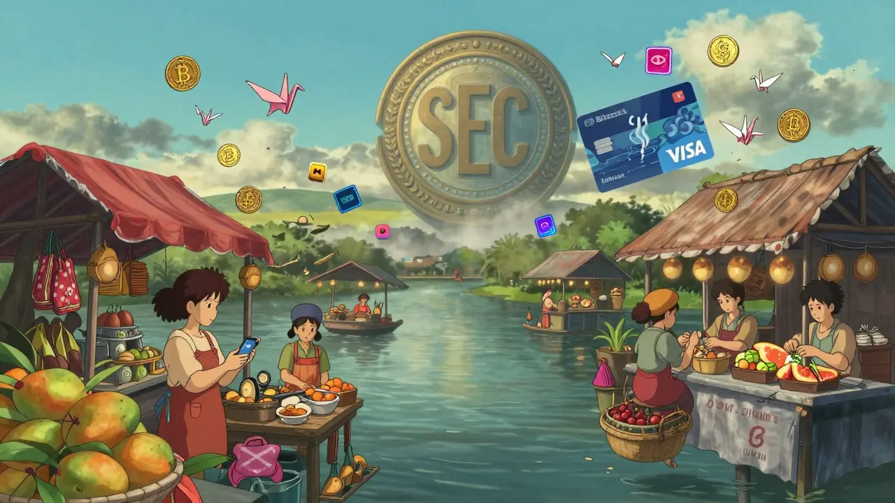 A magical floating market in Bangkok where crypto cards buy street food and digital coins become paper cranes.